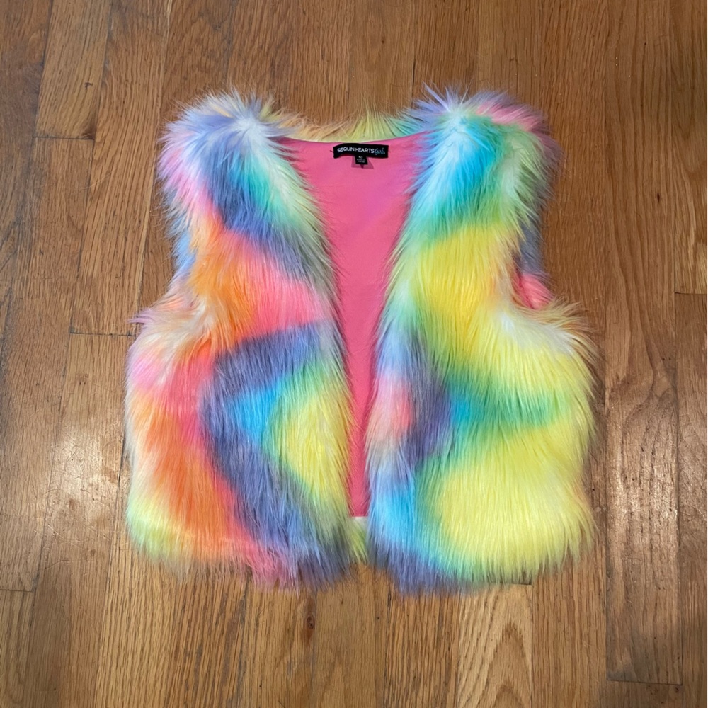 Girls vest - Sequin Hearts - faux rainbow fur- size 10